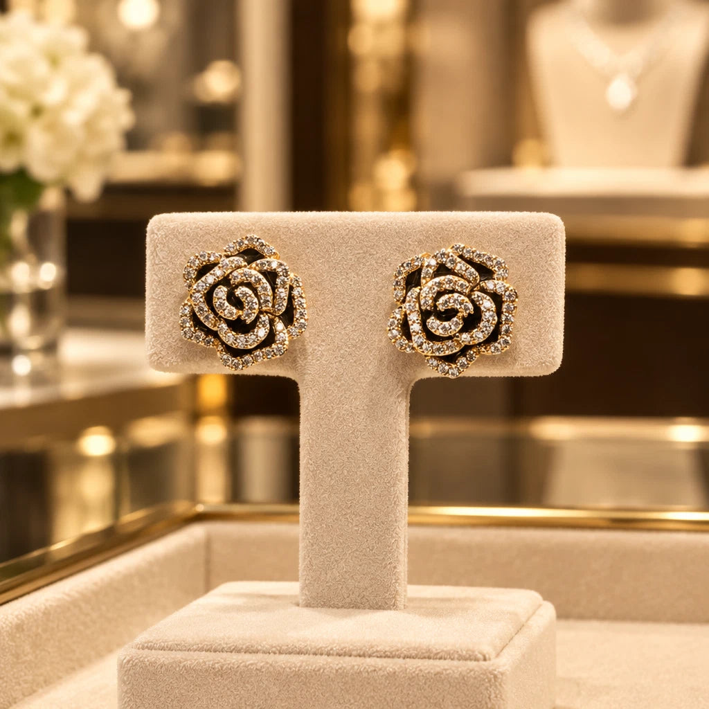 Rose-Inspired Women's Stud Earrings – Pavé Floral Sparkle — view 2