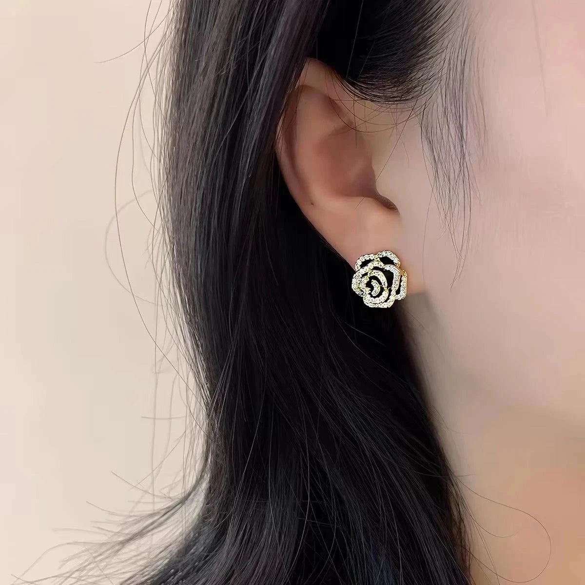 Rose-Inspired Women's Stud Earrings – Pavé Floral Sparkle